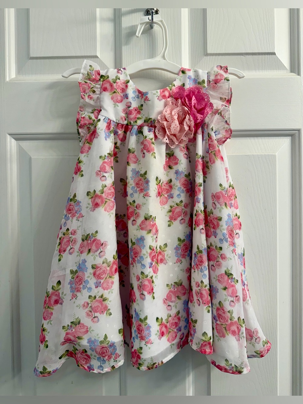 Girls White Floral Party Dress with Pink Rose Applique (Size 24M)